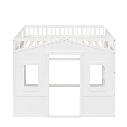 Merax Low Loft Bed Full Size with Underneath Play Space, Full House Loft Bed with 2 Windows and Ladder, Wood Bed Frame, No Box Spring Needed, White Merax