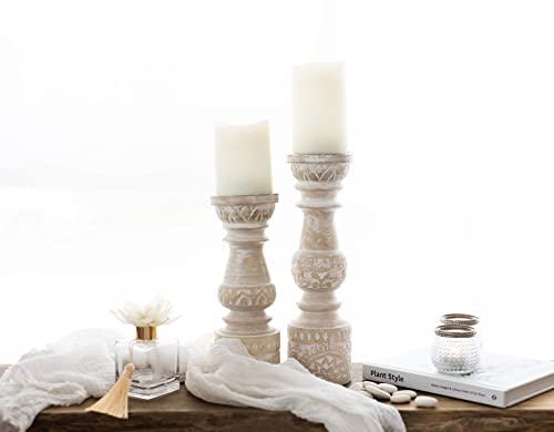Kurrajong Farmhouse Candle Holders - Boho Set of 2 Tall Candle Stands | Decorative Wood Candle Holders | 10" and 12" high | White Washed Candle Holders for Pillar Candles Kurrajong Farmhouse