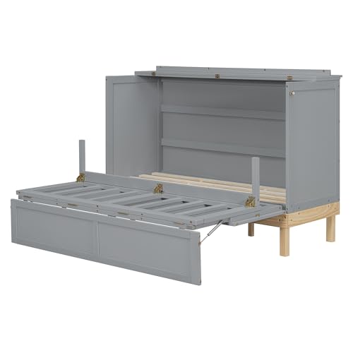 LZ LEISURE ZONE Queen Size Murphy Bed, Wood Cabinet Bed with Legs, Gray LZ LEISURE ZONE