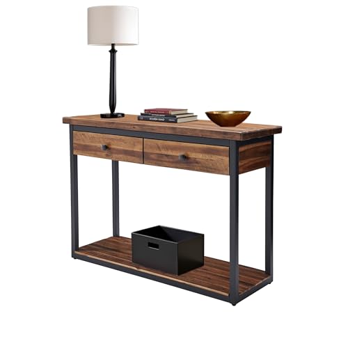 Claremont 43-Inch Solid Wood Console Table with Drawers and Lower Shelf – Rustic Industrial Entryway, Sofa, or TV Table with Acacia Wood Top and Black Metal Frame by Alaterre Furniture (Dark Brown) Alaterre Furniture
