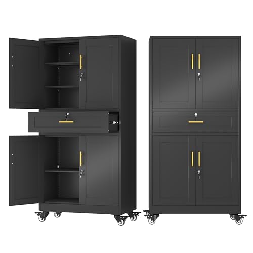 AUEYTVR 61" Metal Garage Storage Cabinet with Wheels and Locking Doors and Tall Rolling Steel Tool Cabinet with 5 Adjustable Shelves for Garage,Home,Office,Shop (Black, 71" H x 35.43W x 15.74" D) AUEYTVR