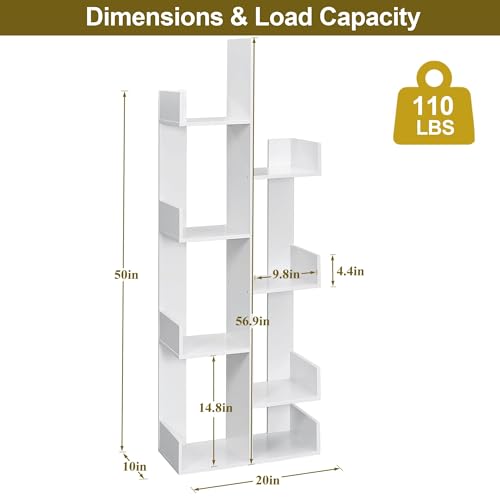 VECELO 8-Tier Tall Cactus-Shaped Tree Bookshelf, Vertical Bookcase with Waterproof Shelves & Rounded Corners, Modern Display Rack for Small Spaces in Living Room, Office, Bedroom, Ivory White VECELO