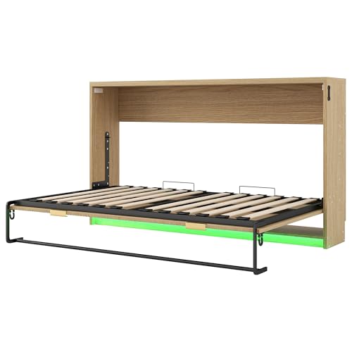 Pasirou Twin XL Size Horizontal Murphy Bed with Storage Shelf, Hideaway Wall Bed with Led Lights, can be Folded into Cabinet, Folding Murphy Bed Space-Saving for Guest Room, Natural Pasirou