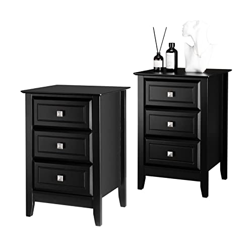 Bonnlo Upgraded 3 Drawers Night Stands for Bedrooms Set of 2, Wooden Black Nightstand Stylish, Modern Bed Side Table/Night Stand for Small Spaces, College Dorm, Kids’ Room, Living Room, 24H Bonnlo
