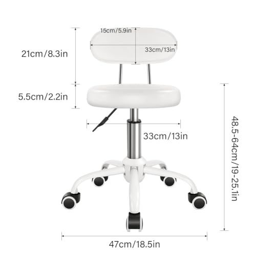 WKWKER Rolling Stool with Wheels Swivel Stool with Back Height Adjustable Chair PU Leather Rolling Chair Ideal for SPA Salon Home Office Drafting Work (White) WKWKER