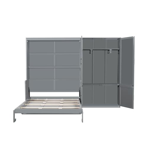 Merax Queen Size Murphy Bed Wall Bed with Closet and Wardrobe Storage for Bedroom,Gray Merax