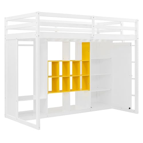 Ball & Cast Twin Size Loft Bed with Wardrobe and Reversible Staircase,Multifunction Wood Bed Frame W/Shelves & Cabinet,Full-Length Guardrails,No Box Spring Needed,for Bedroom,Student,White+Yellow Ball & Cast