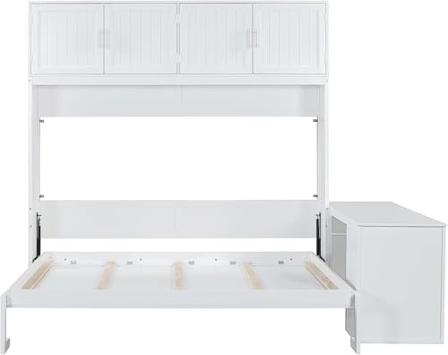 Virubi Queen Horizontal Murphy Bed with Desk and Storage Cabinets,Wood Murphy Wall Bed Queen Size Fold Up Bed Adult Murphy Bed Cabinet Queen Hideaway Bed for Guest Room Living Room Bedroom (White) Virubi