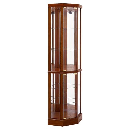 6 Shelf Lighted Corner Curio Cabinet with Adjustable Tempered Glass Shelves and Mirror Back, Oak(E26 Light Bulb not Included) WoodArtSupply