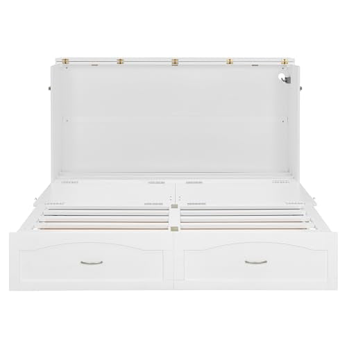 MERITLINE Queen Size Murphy Bed with Storage Drawer Wood Home Office Wall Bed Cabinet with Sockets & USB Ports, Space-Saving for Multipurpose Guest Room White MERITLINE