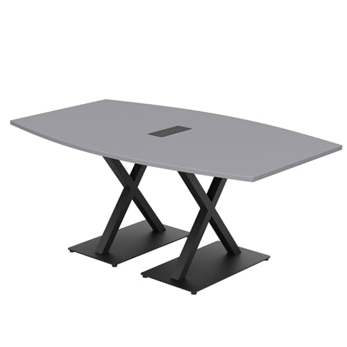 Harmony Series 6-Person Boat Shaped Conference Table with Power & Data | Matte Black Metal X-Bases | Scratch-Resistant Thermally-Fused | Meeting Tables for Offices and Homes | Light Grey - 6ft SKUTCHI DESIGNS INC.