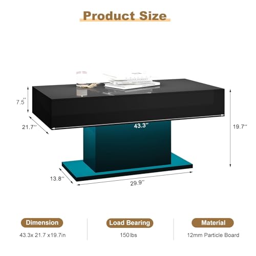 HedoAjim Led Coffee Table for Living Room, Living Room Table Rectangular Center Table, Modern High Glossy Wooden Coffee Tables with 16 Colors LED Lights for Dining Reception Room, Black HedoAjim