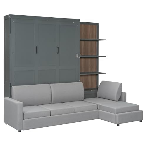 Ball & Cast Murphy Bed Queen Size Wall Bed with Sofa,Wood Murphy Bed,Platform Bedfram Chest can be Folded,Hideaway Cabinet w/Shelves and Slat Support,Space-Saving Furniture for Study,Office,Gray Ball & Cast