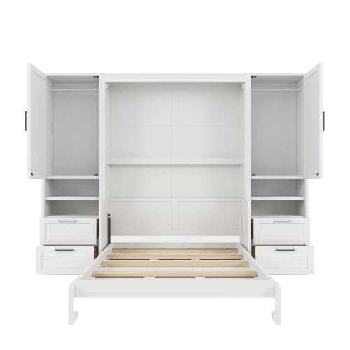 Full Size Murphy Bed with Closet, Wall Bed with Drawers and Shelves, Folding Cabinet Bed with Desk for Home Office, Studio, White Bellemave