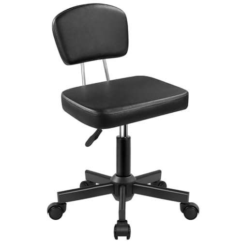 WKWKER Rolling Stool Chair with Backrest Height Adjustable 360° Swivel Stool with Wheels Square Seat PU Leather Rolling Stool for Bedroom Counter Shop Salon Massage Home Office Drafting Work (Black) WKWKER
