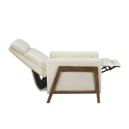 Lexicon Push Back Recliner Chair, Faux Leather Upholstered Reclining Chair with Footrest, Exposed Dark Brown Finish Wood Frame, Small Recliner for Small Space, Living Room, Bedroom, Light Beige