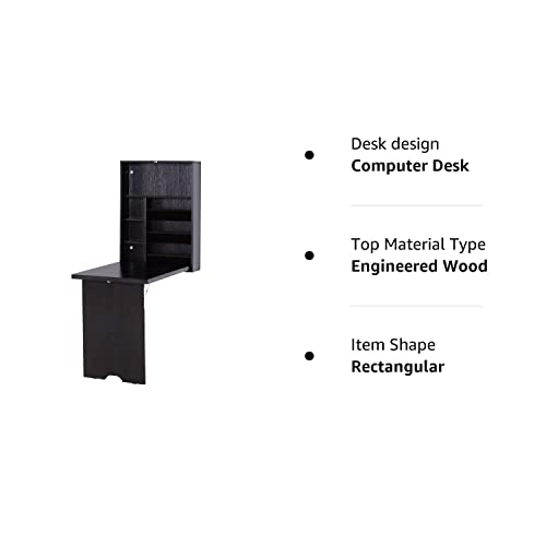 HOMCOM Wall Mounted Fold Out Convertible Desk, Multi-Function Floating Desk with Storage Shelf for Home Office, Espresso Brown HOMCOM