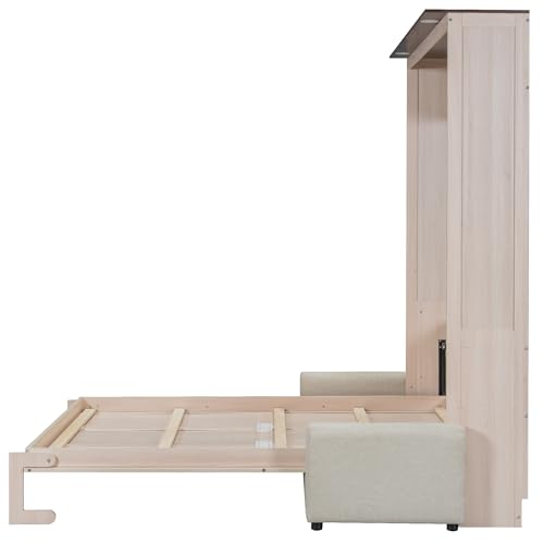 MERITLINE Queen Murphy Bed with Couch and 2 LED Lightings, Solid Wood Hideaway Murphy Wall Bed with Sofa, Farmhouse Foldable Wall Bedframe Storage Beds Cabinet, Space-Saving, Beige MERITLINE
