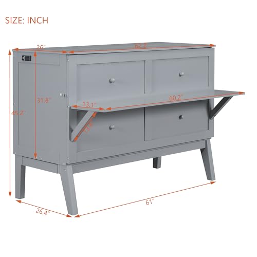 Ball & Cast Murphy Bed Chest Queen Size,Cabinet Hideaway Bed with USB Port and Removable Shelves on Each Side,Wood Wall can be Folded,Platform Bedframe for Kids Bedroom,Student Dorms,Gray Ball & Cast