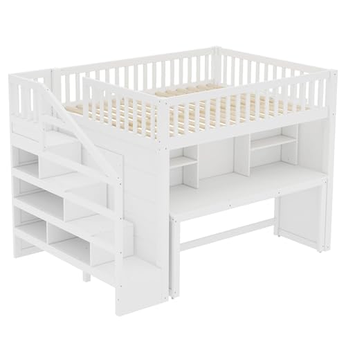 Bellemave Full Loft Bed with Stairs and Movable Desk and Shelves, Wood Loft Bed with Storage Stairs for Kids, Teens, Adults, White Bellemave