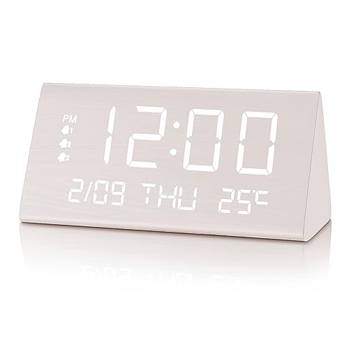 JALL Digital Alarm Clock, with Wooden Electronic LED Time Display, 3 Alarm Settings, Weekday/Weekend Mode, Temperature Detect, Wood Made Electric Clocks for Office, Bedroom, Bedside JALL