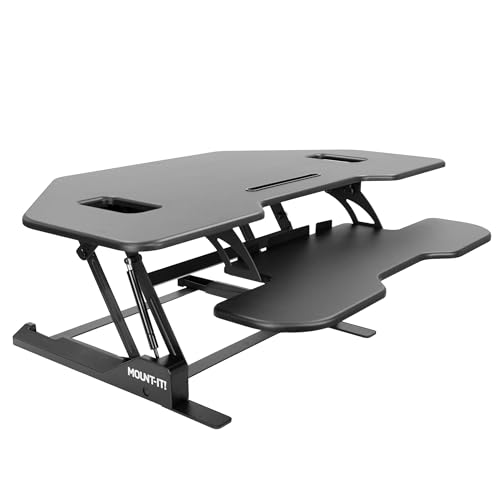 Mount-It! Corner Standing Desk Converter Height Adjustable 43” Wide Desktop, Corner Stand Up Desk with Gas Spring Lift Asssit, Stand Up Computer Workstation with Ergonomic Keyboard Tray | Black Mount-It!