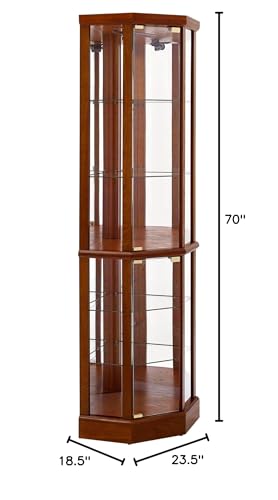 6 Shelf Lighted Corner Curio Cabinet with Adjustable Tempered Glass Shelves and Mirror Back, Oak(E26 Light Bulb not Included) Generic