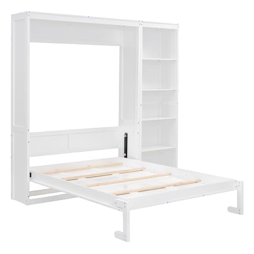 MERITLINE Full Murphy Bed with Storage Bookcase Shelves,Wood Folding White Murphy Wall Bed Cabinet MERITLINE