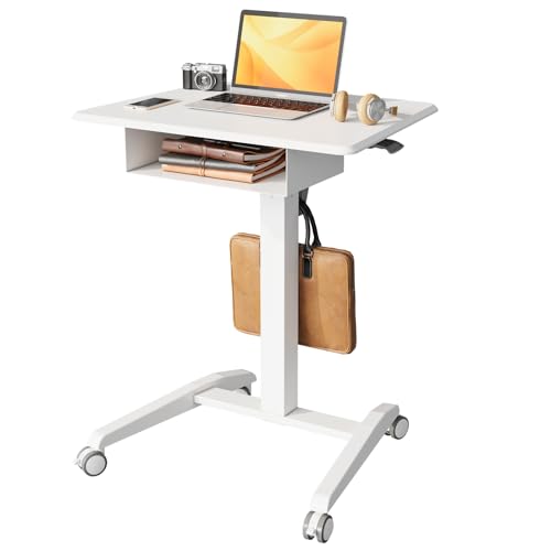 JOY Worker Mobile Standing Desk With Storage Drawer, Pneumatic Height Adjustable Laptop Workstation, White Rolling With Wheels for Home Office Classroom JOY worker