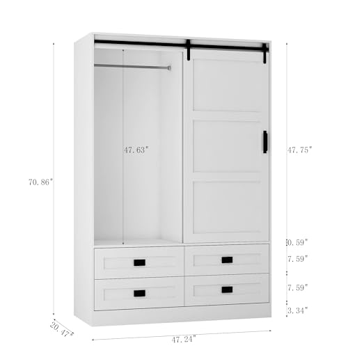 EMKK Tall Armoire Wardrobe Closet Clothing Cabinet with Hanging Rod Barn Door Drawers Open Shelves for Bedroom Freestanding Ar moires Storage OrganizerCabinet, 70.86" H, White EMKK