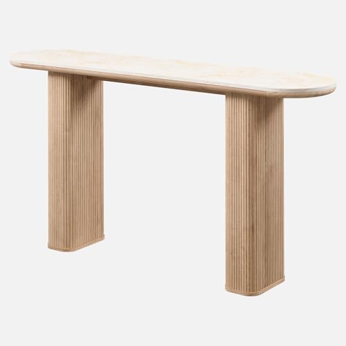 OKD 63 Inch Modern Console Table with Arc Faux Marble Texture Top, Fluted Wood Base, Contemporary Entryway Sofa Table for Living Room, Hallway, Foyer, Natural Oak OKD