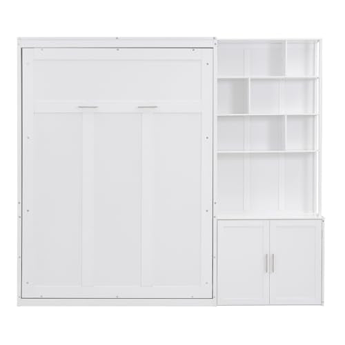 MERITLINE Full Murphy Bed with Cabinet and Storage Shelves, Wood Hideaway Murphy Wall Bed with Storage Bookcase for Adults (White,Full) MERITLINE