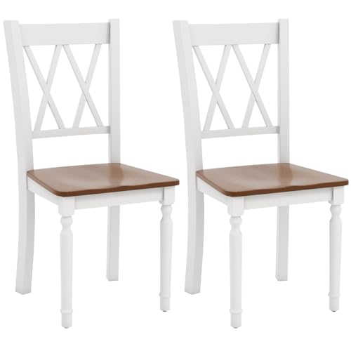 Giantex Dining Room Chairs Set of 2 White, Wooden Farmhouse Kitchen Chairs with Rubber Wood Seat, Acacia Wood Legs, Max Load 360 Lbs, Heavy Duty Wood Armless Dining Chairs with High Back Giantex