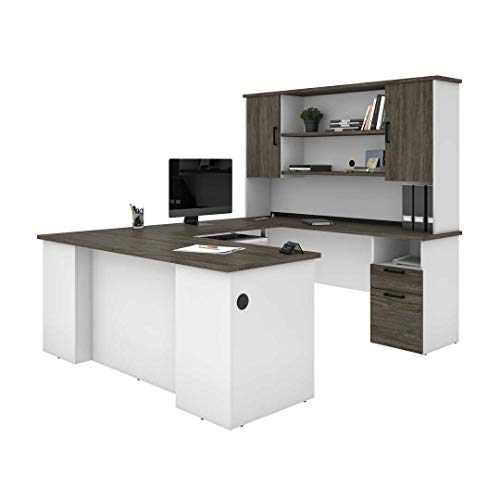 Bestar Norma 71W U or L-Shaped Executive Desk with Hutch in Walnut Grey & White Bestar