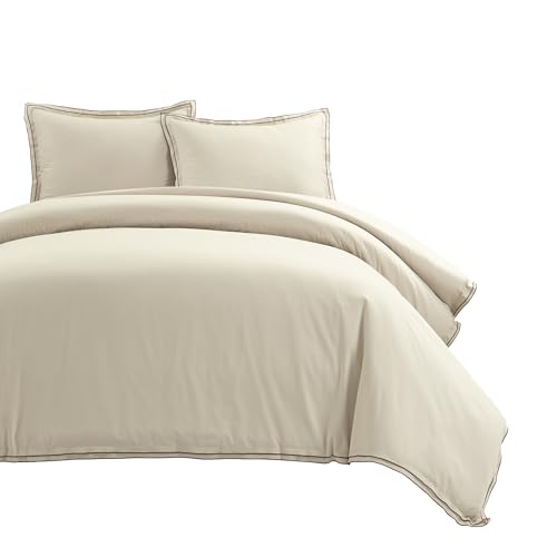 Lush Decor Hampton Double Flange Embroidered Contrast Edge Cotton Duvet Cover Set, 3 Piece Set, Full/Queen, Neutral & Copper - Luxury Hotel Bedding Set - Beige Duvet Cover - Minimalist Decor Lush Decor