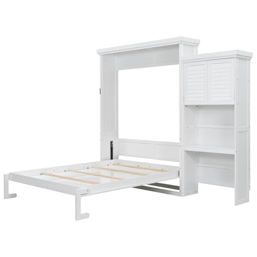 MERITLINE Queen Size Farmhouse Murphy Bed with Storage Cabinet and Shelves, Wooden Hidden Foldable Wall Bed Frame, Murphy Wall Bed Cabinet Queen for Adults, Space-Saving, White MERITLINE