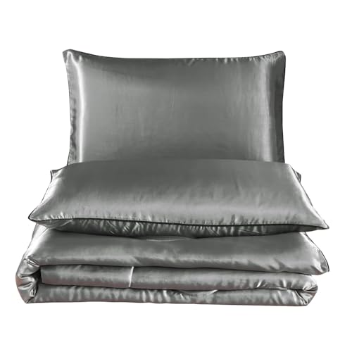 Holawakaka Luxurious Solid Satin Silk Like Comforter Set Ultra Soft Silky Quilt Breathable Bedding Bed-in-A-Bag King Size (Grey) Holawakaka