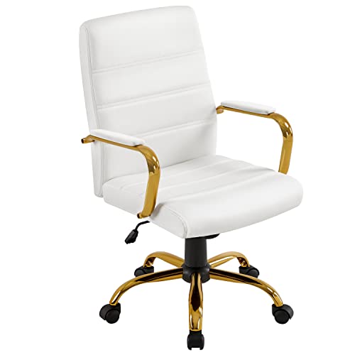 Yaheetech Mid-Back Office Chair PU Leather Desk Chair Adjustable Executive Task Chair w/Lumber Support Gold Leg White Seat Yaheetech