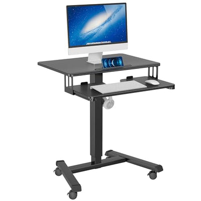BONTEC Mobile Standing Desk with Keyboard Tray, Mobile Podium, Rolling Laptop Sit Stand Desk on Wheels, Adjustable Height Desk Up to 33lbs, Portable Computer Workstation Cart for Living Room, Office
