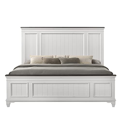 Roundhill Furniture Clelane Shiplap Wood Panel Bed, King, Weathered White and Walnut Roundhill Furniture