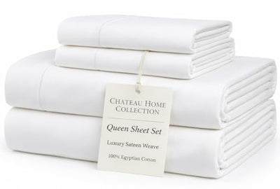100% Egyptian Cotton Sheets Queen Size Bed Set, 15" Deep Pocket Queen Sheet set, Sateen Cotton Bed Sheet, Cool Soft Breathable No Pill Elasticated Luxury White Bedding For All Seasons