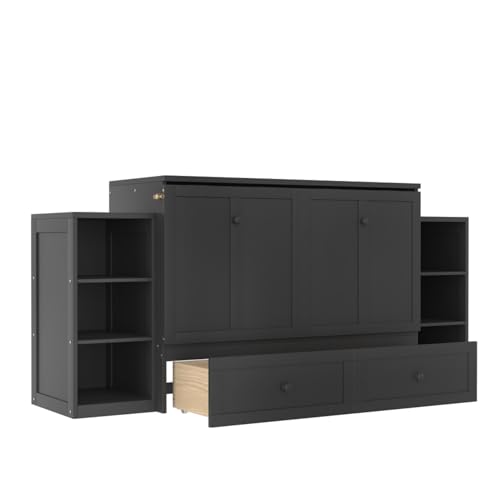 DNChuan Full Size Murphy Cabinet Bed with Spacious Storage Drawer, Foldable Murphy Cabinet Bed Frame with Storage Shelves, Space Saving, No Noise, Kids, Boys, Adults, Dark Gray DNChuan