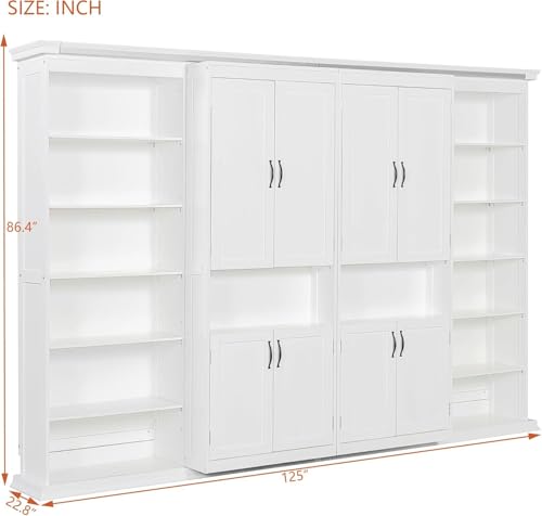 MERITLINE Full Murphy Bed with Storage Shelves,Cabinets,Bookcase, Wood Vertical Murphy Wall Bed Cabinet with Storage Shelves Bookshelves,for Adults,White MERITLINE