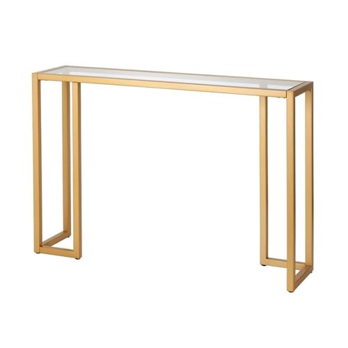 Pemberly Row Art Deco Metal Console Table, Brass Finish, 42 in x 10 in x 29 in, Tempered Glass Top and Shelf, Modern Industrial Style, Entryway or Living Room Accent Table for Home Decor Pemberly Row