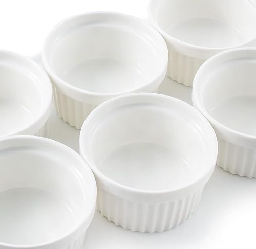 Nuwave Ceramic Ramekins 8 oz, Set of 6, Elegant Classic Style for Baking Souffles, Creme Brulées, Custards, Puddings, 4.3” Wide & 2” Tall, Microwave, Oven & Dishwasher-Safe, Ivory White (6) Nuwave