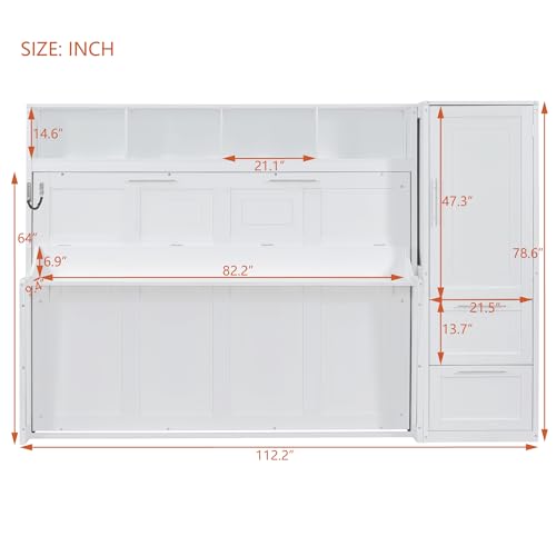 Merax Queen Size Murphy Bed, Modern Wall Bed with Storage Cabinets & Drawers, Space-Saving Foldable for Bedroom Guest Room Home Office Small Apartment, White Merax