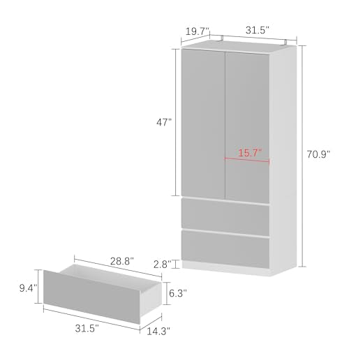 Hitow Mirror Wardrobe Armoire with Drawers, Wardrobe Armoire Closet with Glass Full Length Mirror Doors Drawers & Hanging Rod, Wood Wardrobe Clothes Storage Cabinet for Bedroom, White Hitow