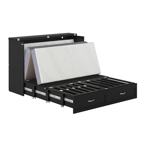 AFI, Marion Queen Wood Murphy Bed Chest with 6" Mattress, Storage Drawer, & Built-in Charger, Black AFI