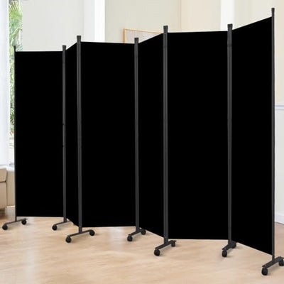 Room Divider 6FT Room Partition with Lockable Wheels, (Thicked Metal Base) Room Dividers, Freestanding Indoor Folding Privacy Screens, Portable Fabric Wall Divider for (Black, 132"- 6 Panel)