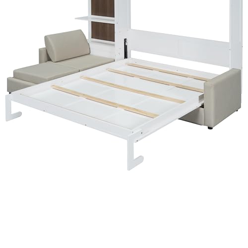 Queen Size Murphy Bed with Sofa and Shelves, Solid Wood Wall Bed can be Folded into a Cabinet for Small Spaces Apartments Studio Guest Room (White#S1) Quarte